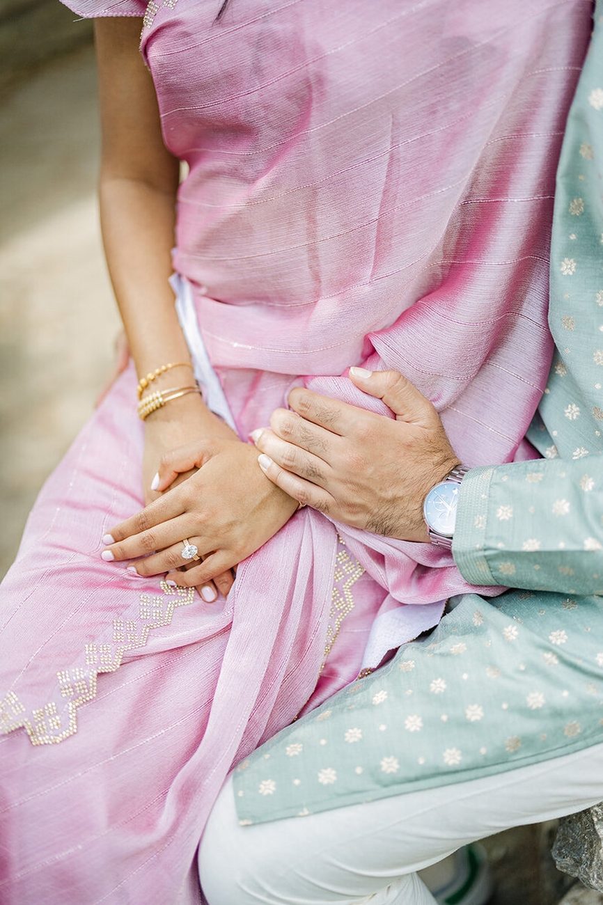 Engagement ring with bangles, soft pink and sage